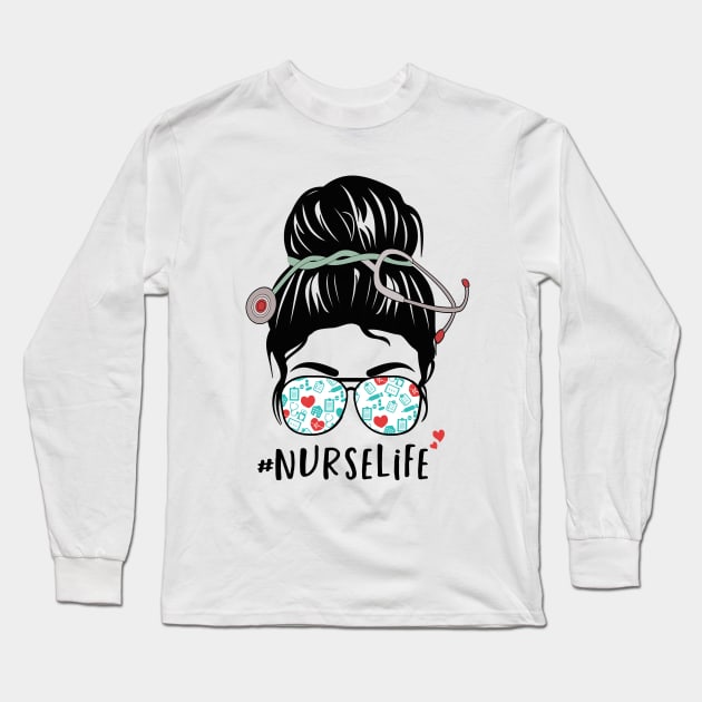 nurse life messy hair woman bun Long Sleeve T-Shirt by mohazain